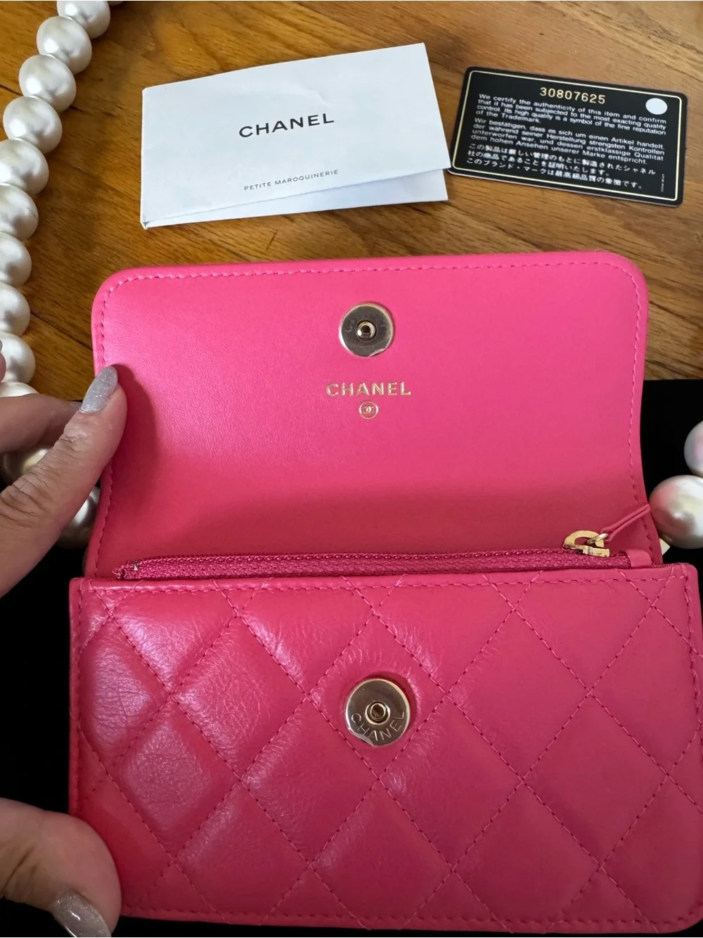 CHANEL Hot Pink Quilted Mini Wallet with Pearl Chain